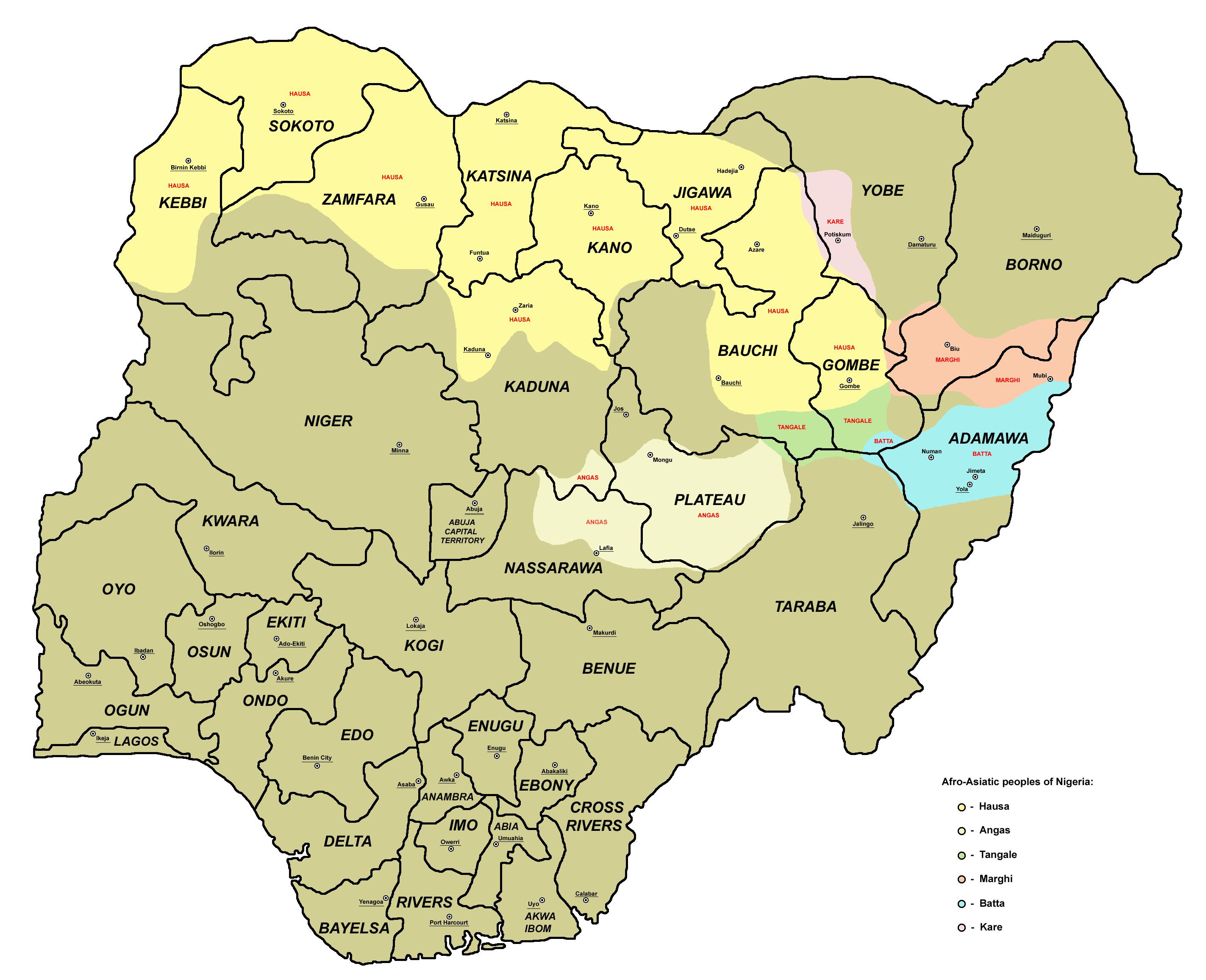 Map of nigeria with 36 states and capitals Map of nigeria showing the